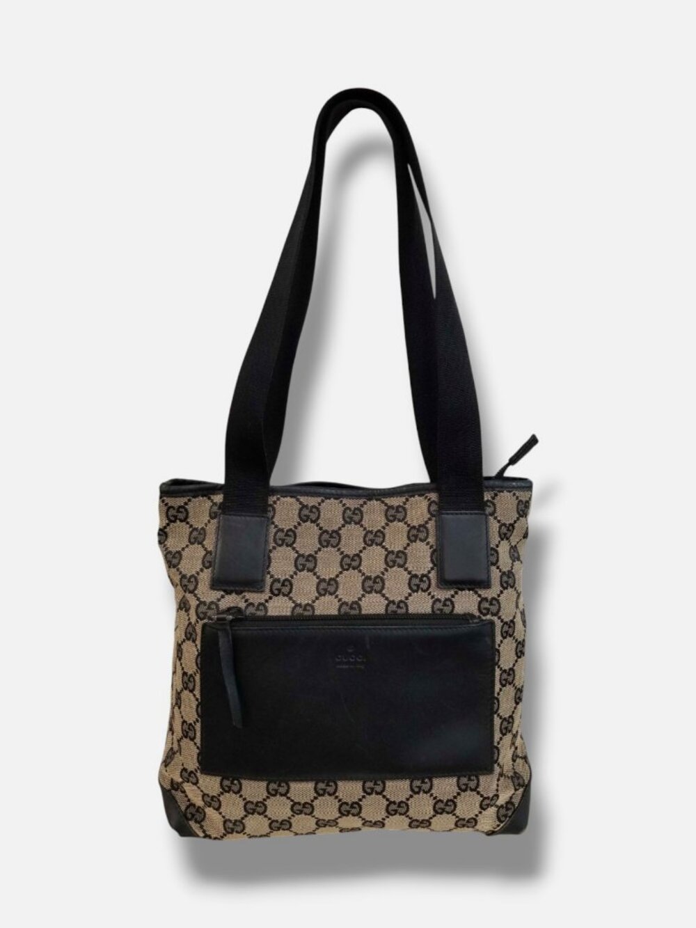 Gucci Women Black GG Monogram Logo Canvas Leather Shoulder Hand Tote Bag